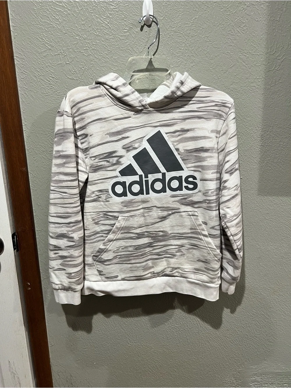 adidas White Hoodie with Light Gray Marble Stripes and Black Logo